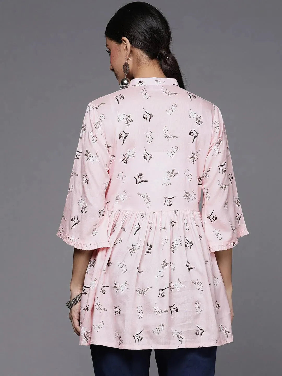 Pink Printed Cotton A-Line Kurti - Libas 