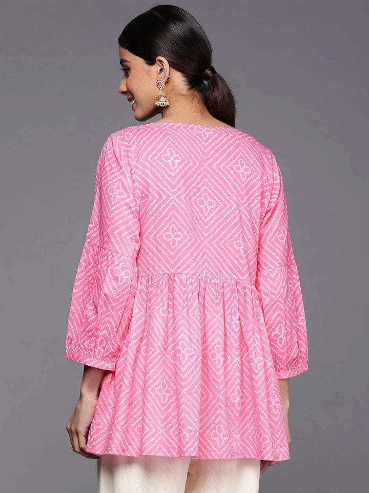 Pink Printed Cotton A-Line Kurti - Libas