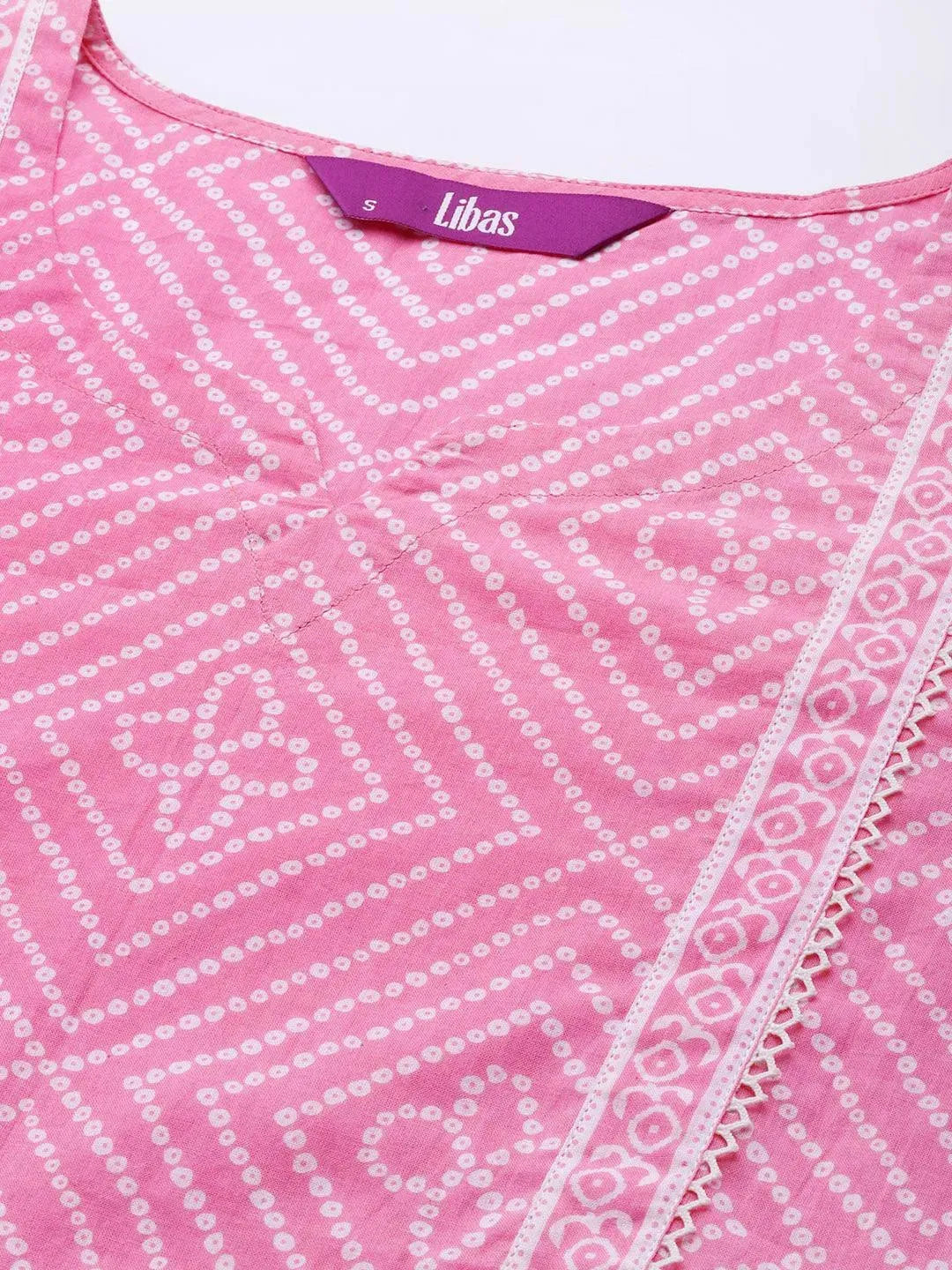 Pink Printed Cotton A-Line Kurti - Libas 