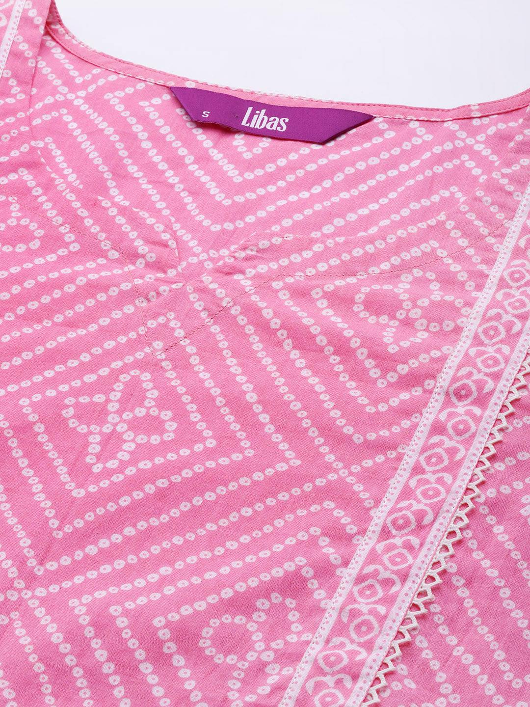 Pink Printed Cotton A-Line Kurti - Libas