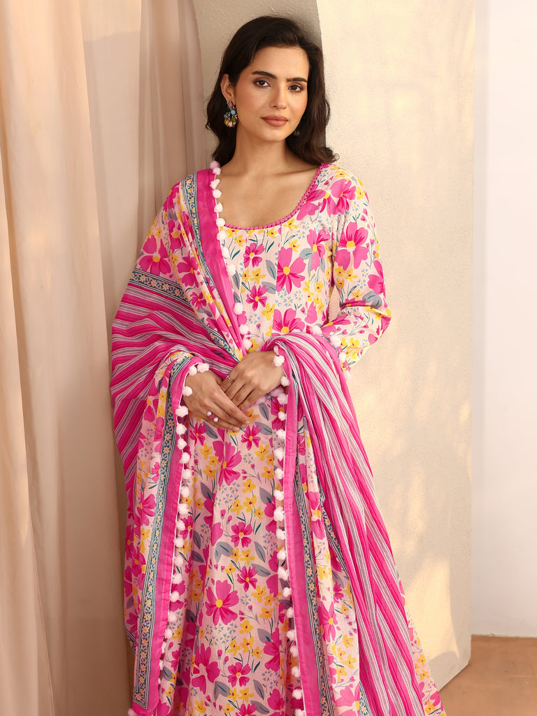 Libas Pink Printed Cotton A-Line Suit Set With Dupatta