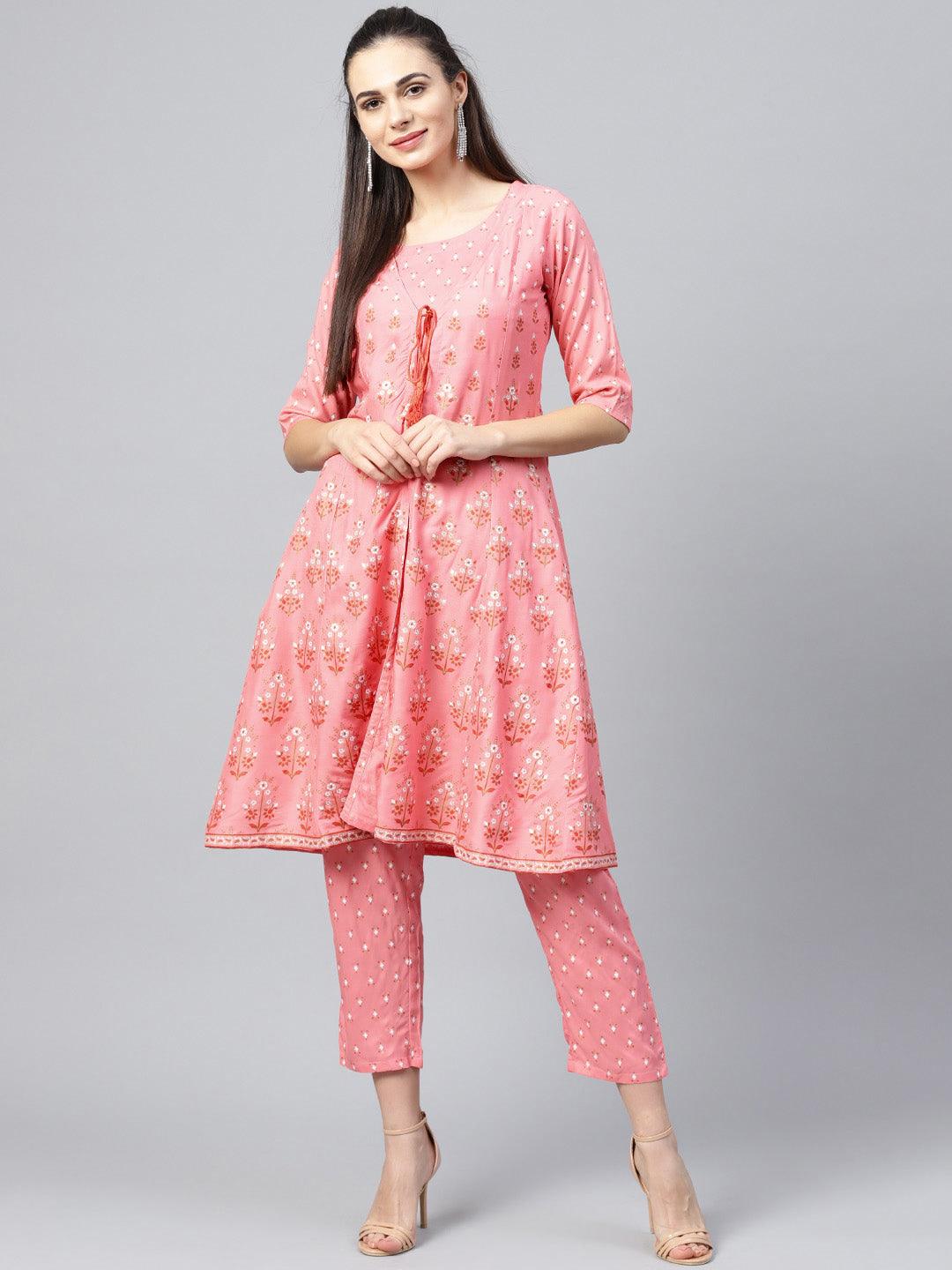 Pink Printed Cotton Kurta Set With Jacket - Libas