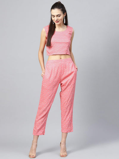 Pink Printed Cotton Kurta Set With Jacket - Libas