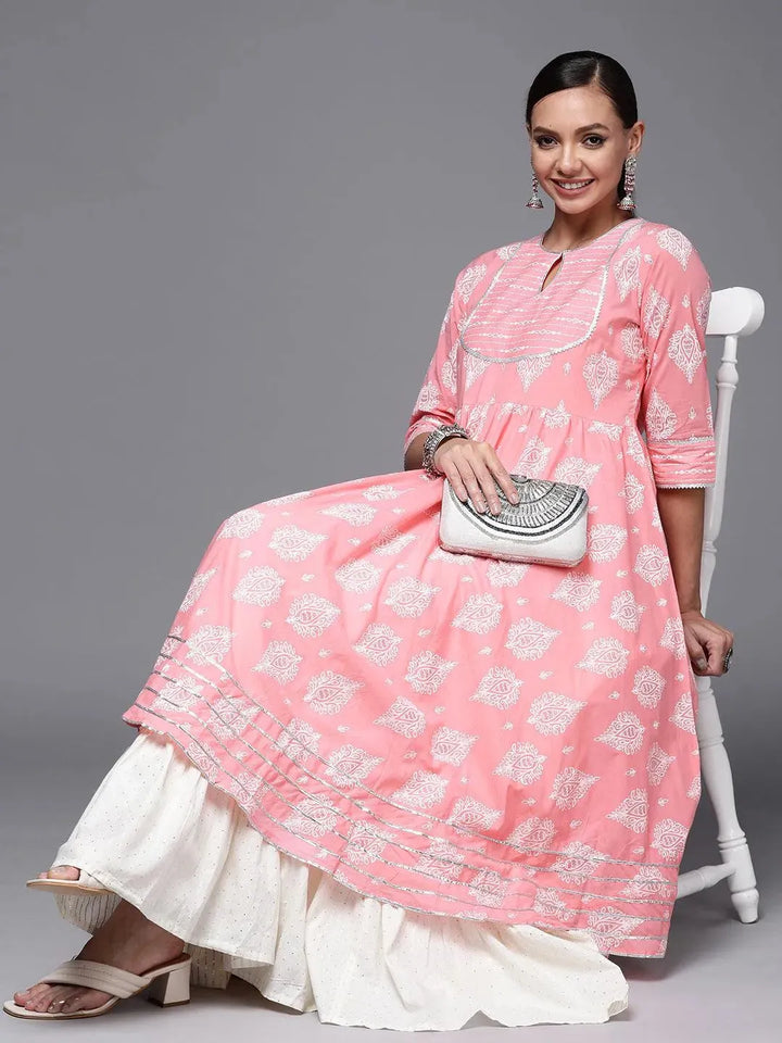 Pink Printed Cotton Anarkali Kurta - Libas