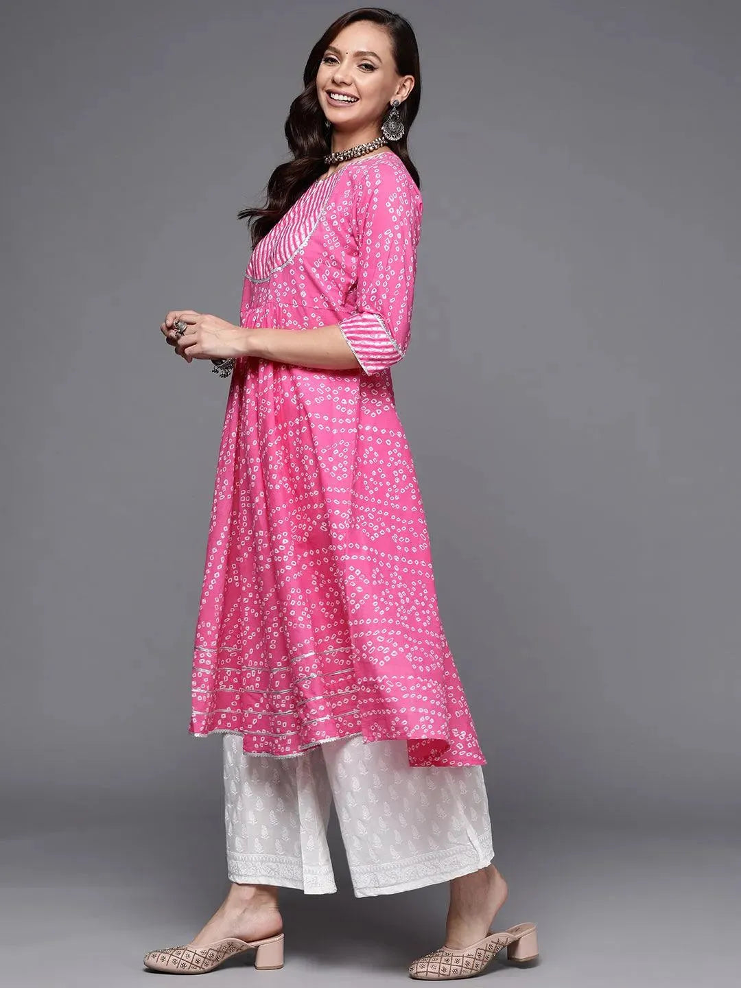 Pink Printed Cotton Anarkali Kurta - Libas 