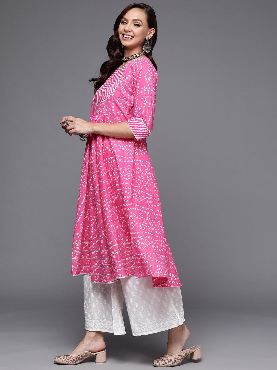 Pink Printed Cotton Anarkali Kurta - Libas