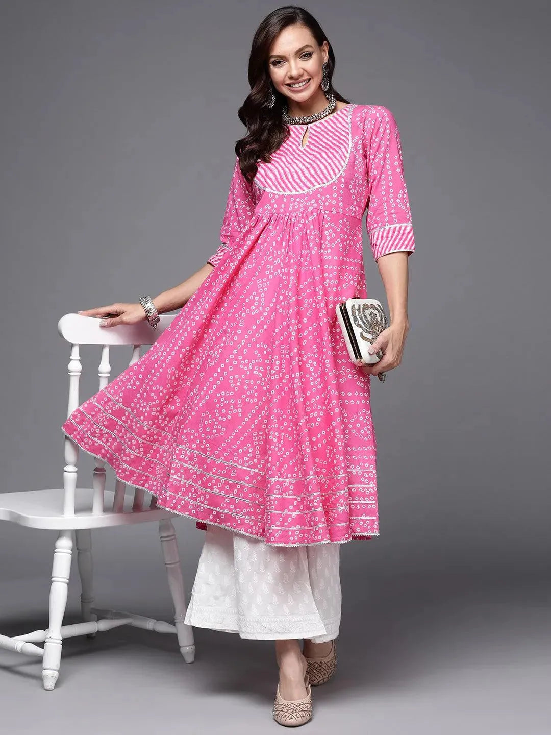 Pink Printed Cotton Anarkali Kurta - Libas 