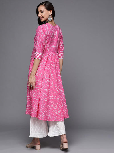 Pink Printed Cotton Anarkali Kurta - Libas