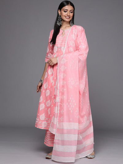 Pink Printed Cotton Anarkali Suit Set - Libas