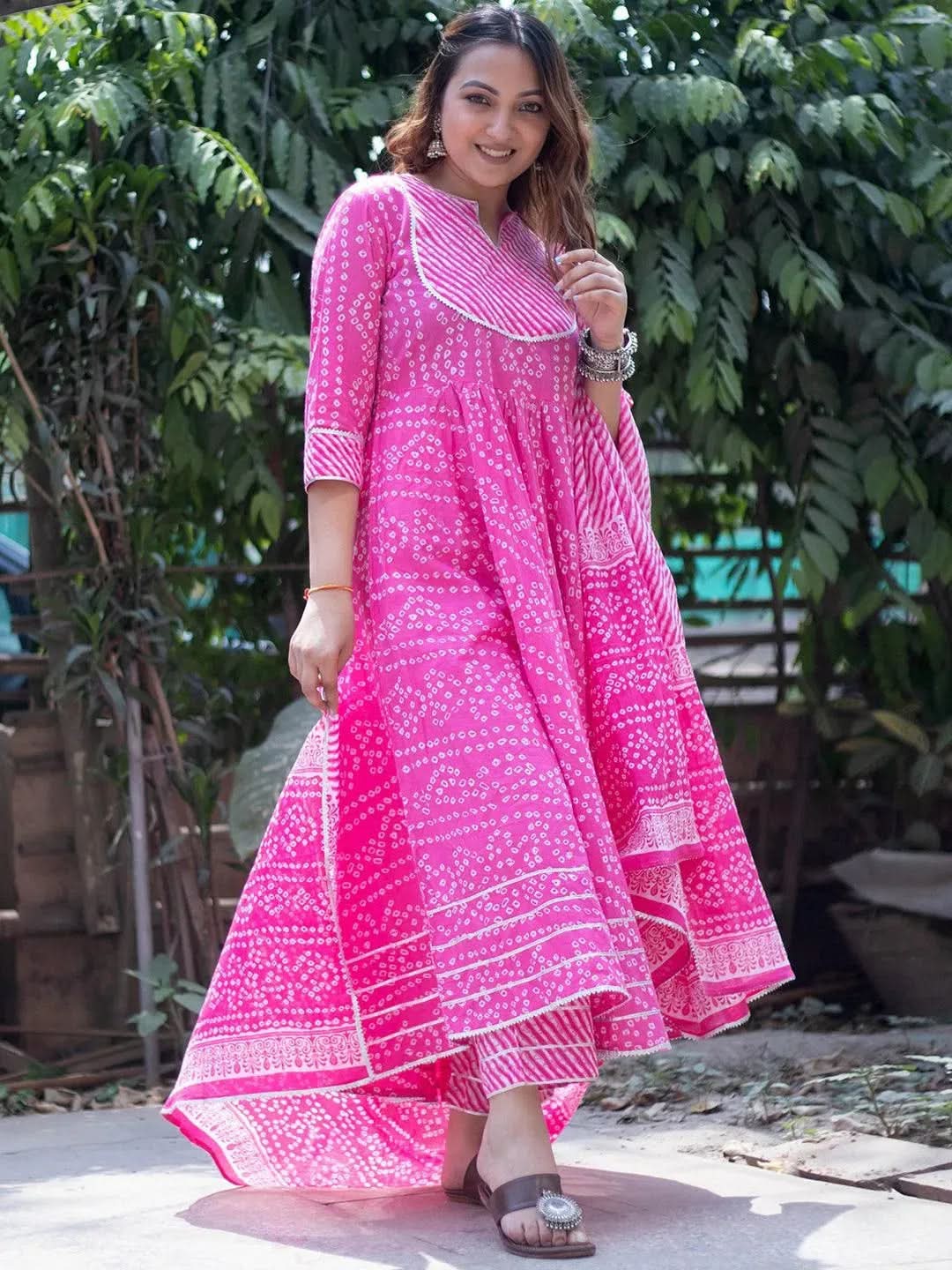 

Pink Printed Cotton Anarkali Kurta With Dupatta
