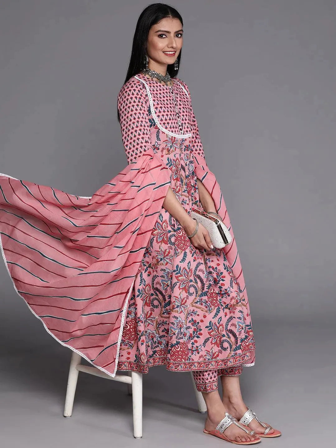 Pink Printed Cotton Suit Set - Libas 