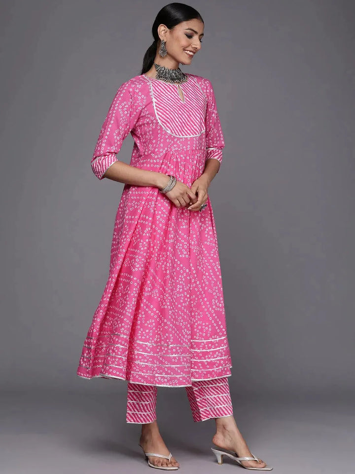 Pink Printed Cotton Anarkali Suit Set - Libas