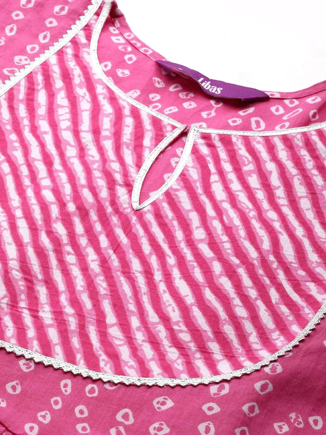 Pink Printed Cotton Anarkali Suit Set - Libas 