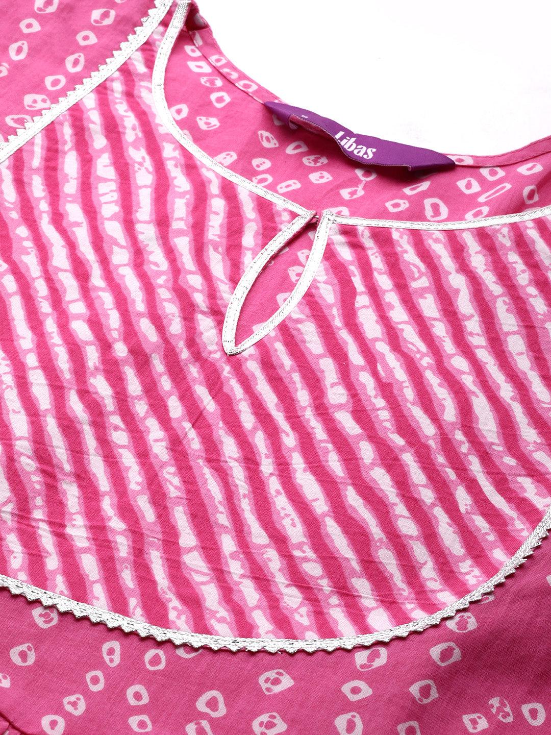 Pink Printed Cotton Anarkali Suit Set - Libas