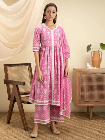 Pink Printed Cotton Suit Set - Libas