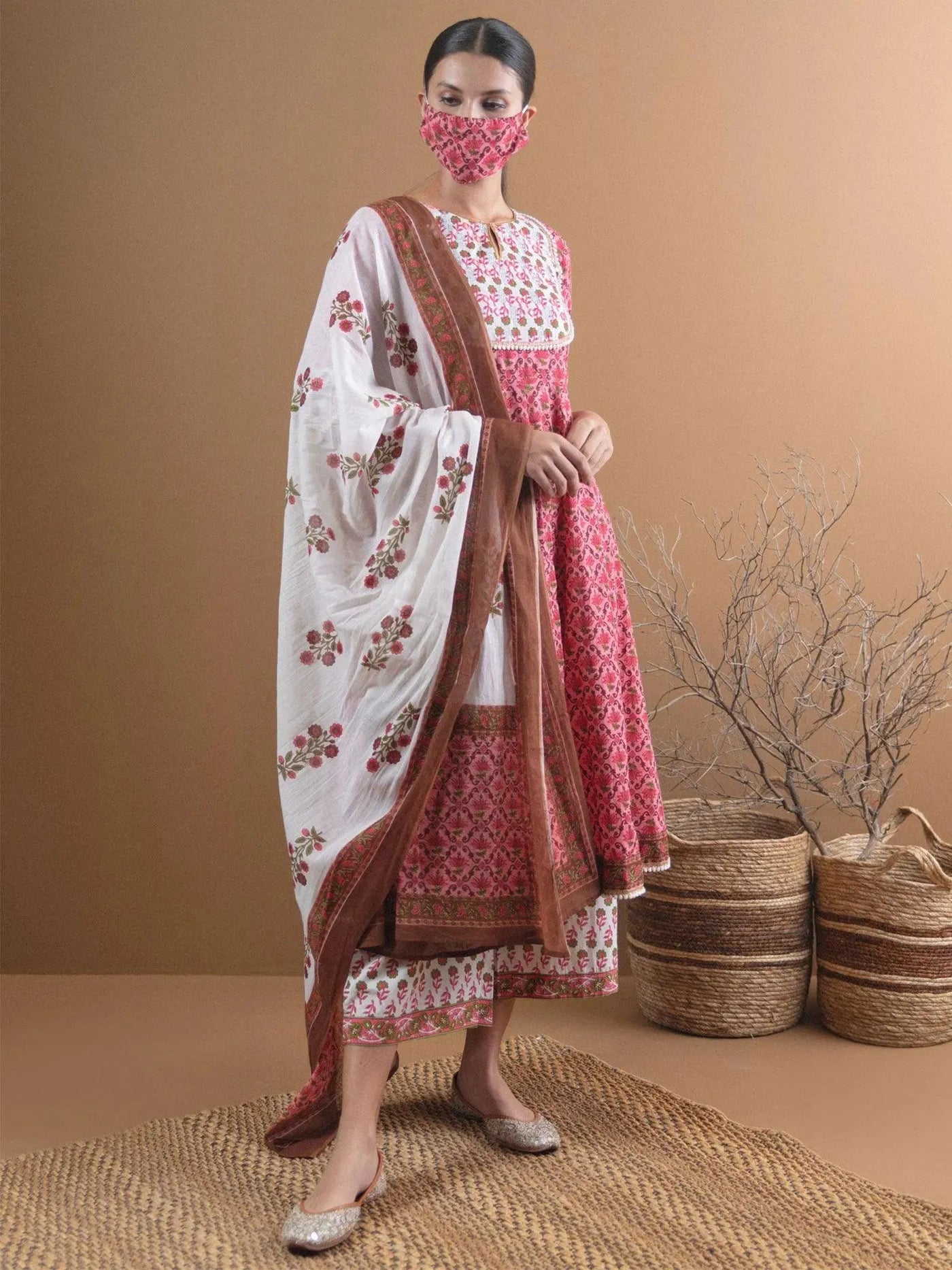 Pink Printed Cotton Suit Set With Mask - Libas