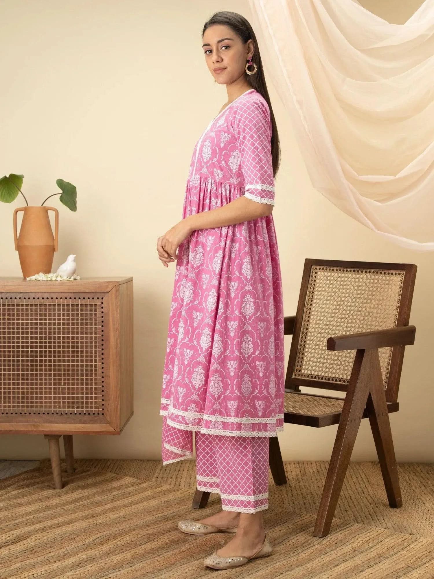 

Buy Pink Cotton Printed Anarkali Kurta With Cotton Palazzo And Dupatta Online