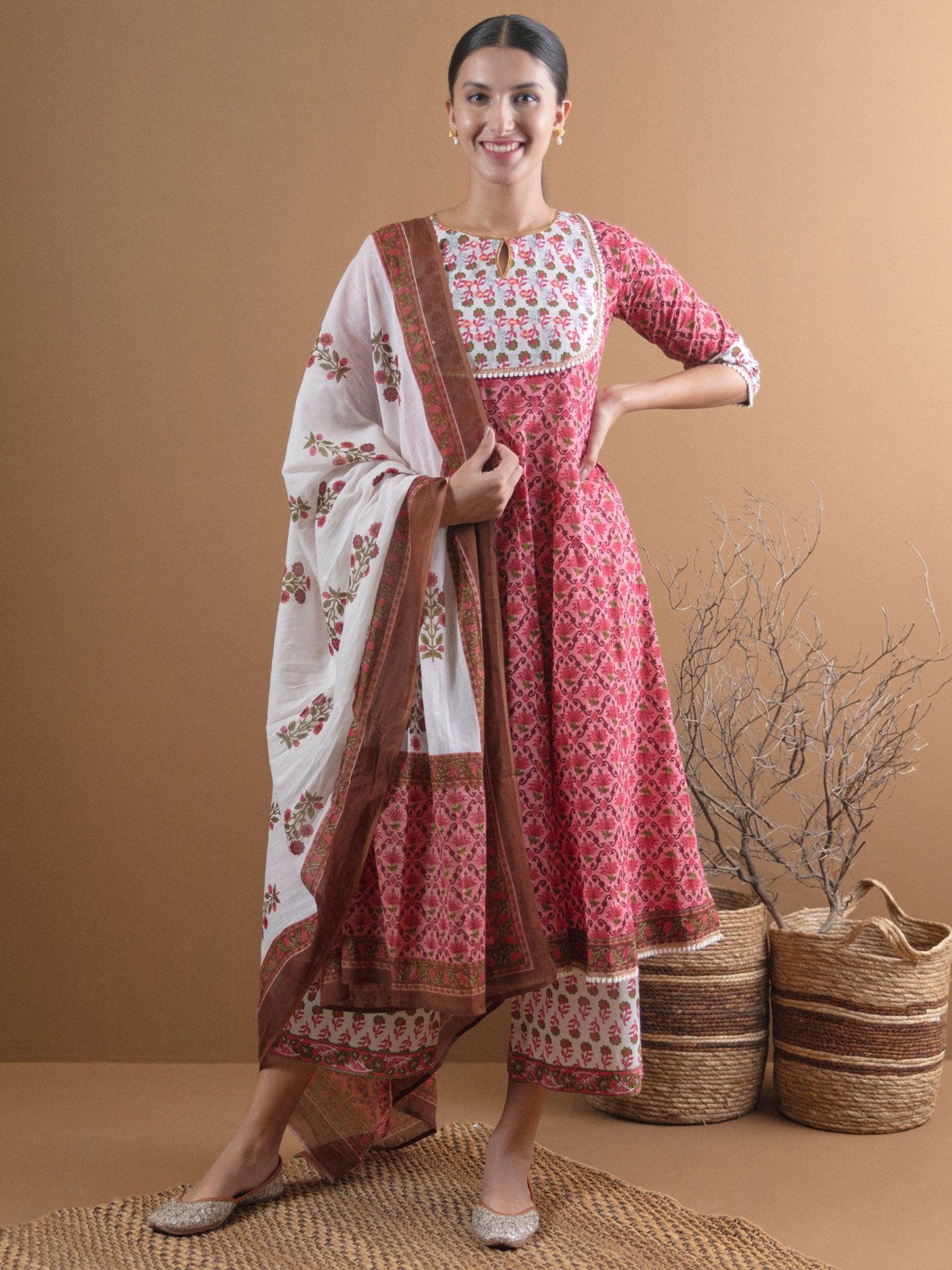 Pink Printed Cotton Anarkali Kurta With Palazzos & Dupatta