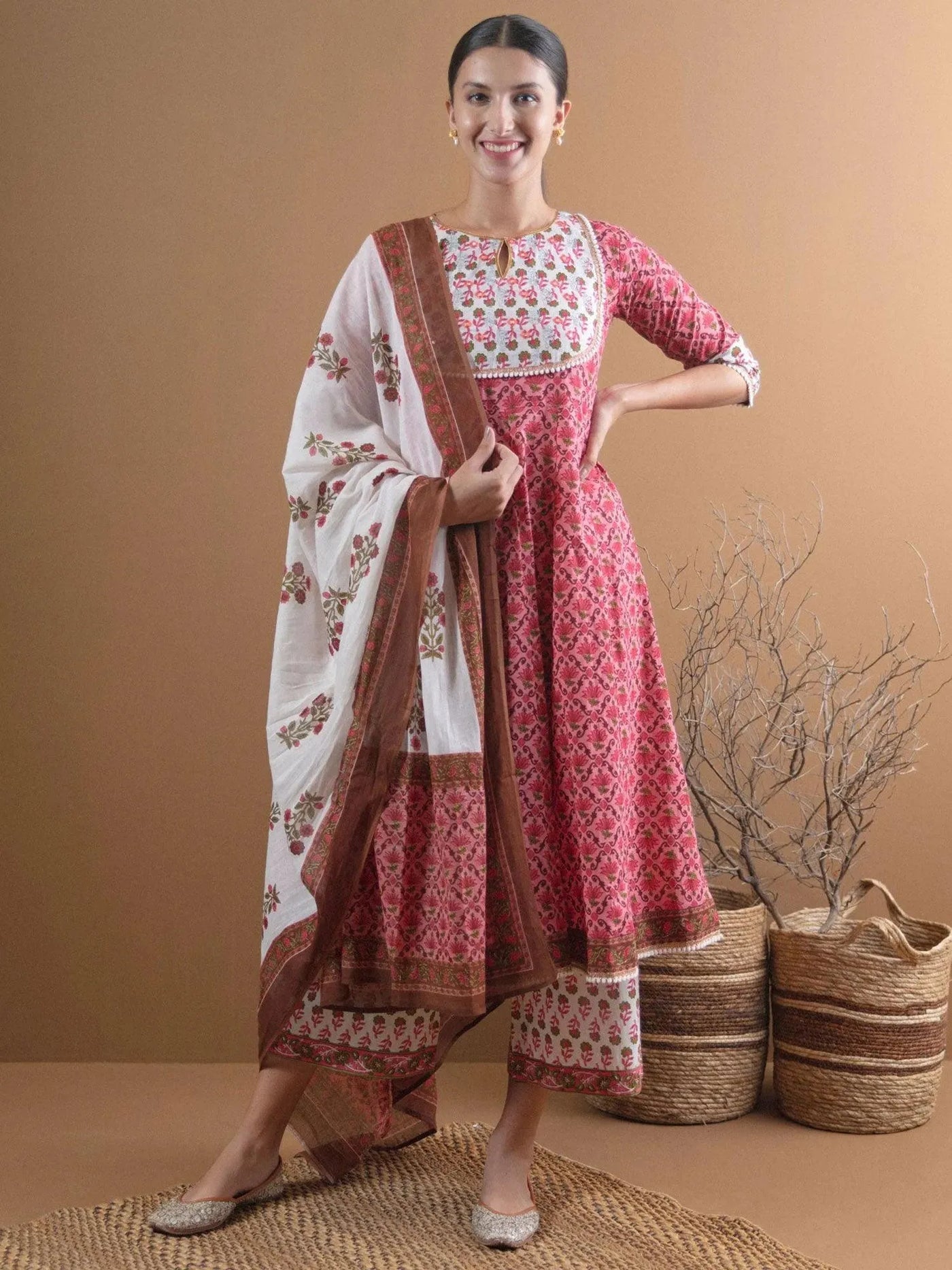 Pink Printed Cotton Suit Set With Mask - Libas