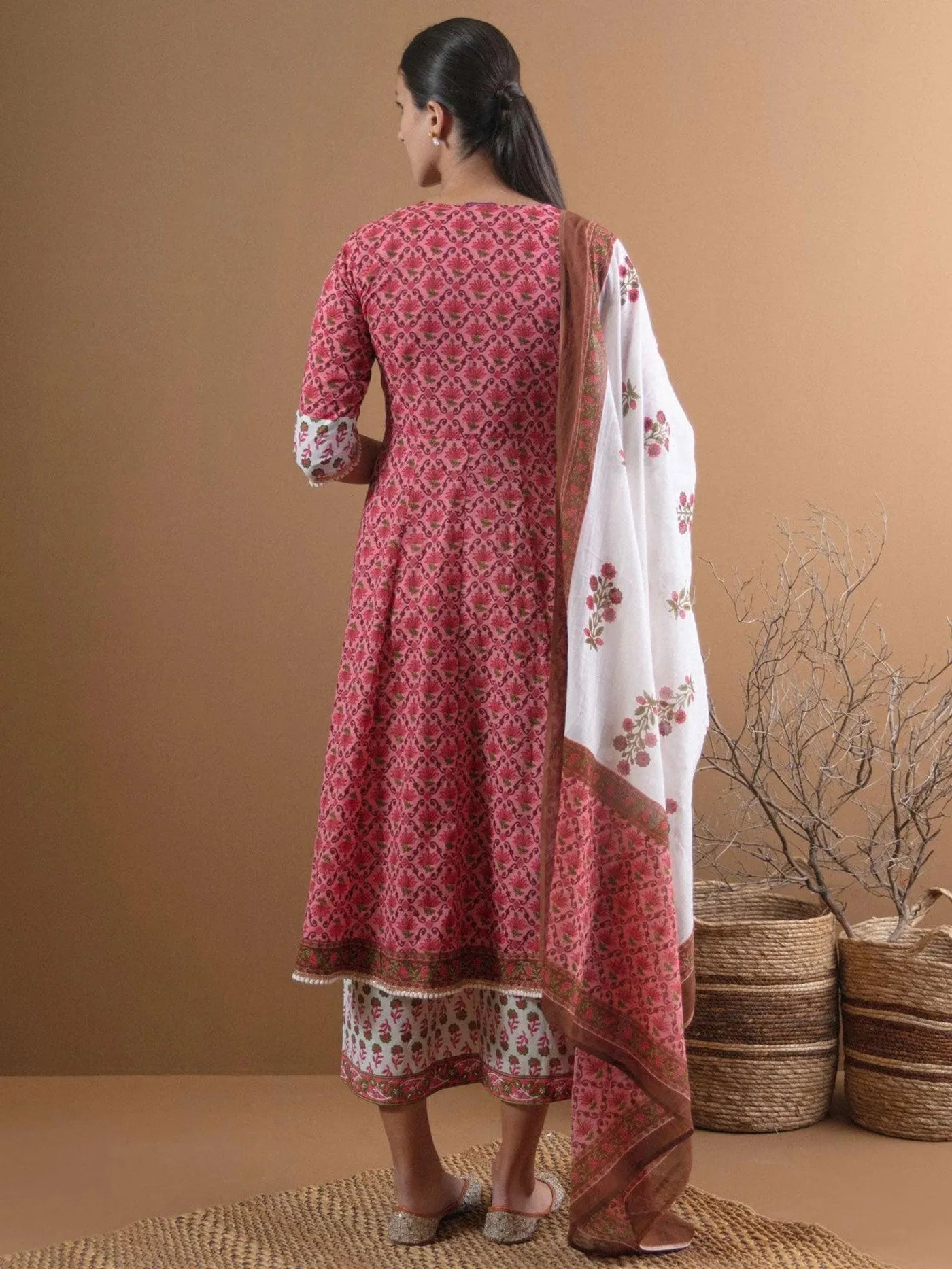 Pink Printed Cotton Suit Set With Mask - Libas