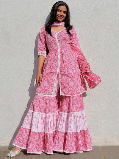 Pink Printed Cotton Anarkali Kurti With Sharara & Dupatta - Libas