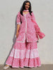 Women Pink Cotton Sleeves Less Anarkali Sharara Set With Dupatta