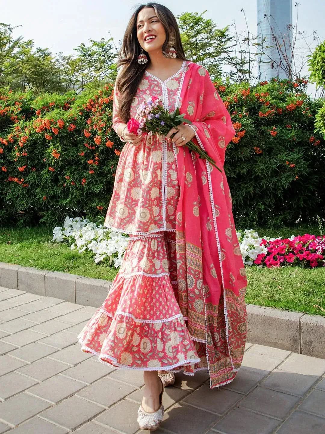 

Pink Printed Cotton Anarkali Sharara Suit Set With Dupatta
