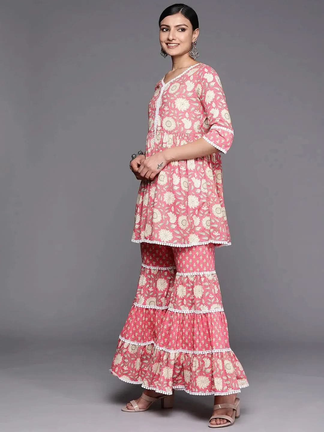 

Pink Printed Cotton Anarkali Sharara Suit Set With Dupatta