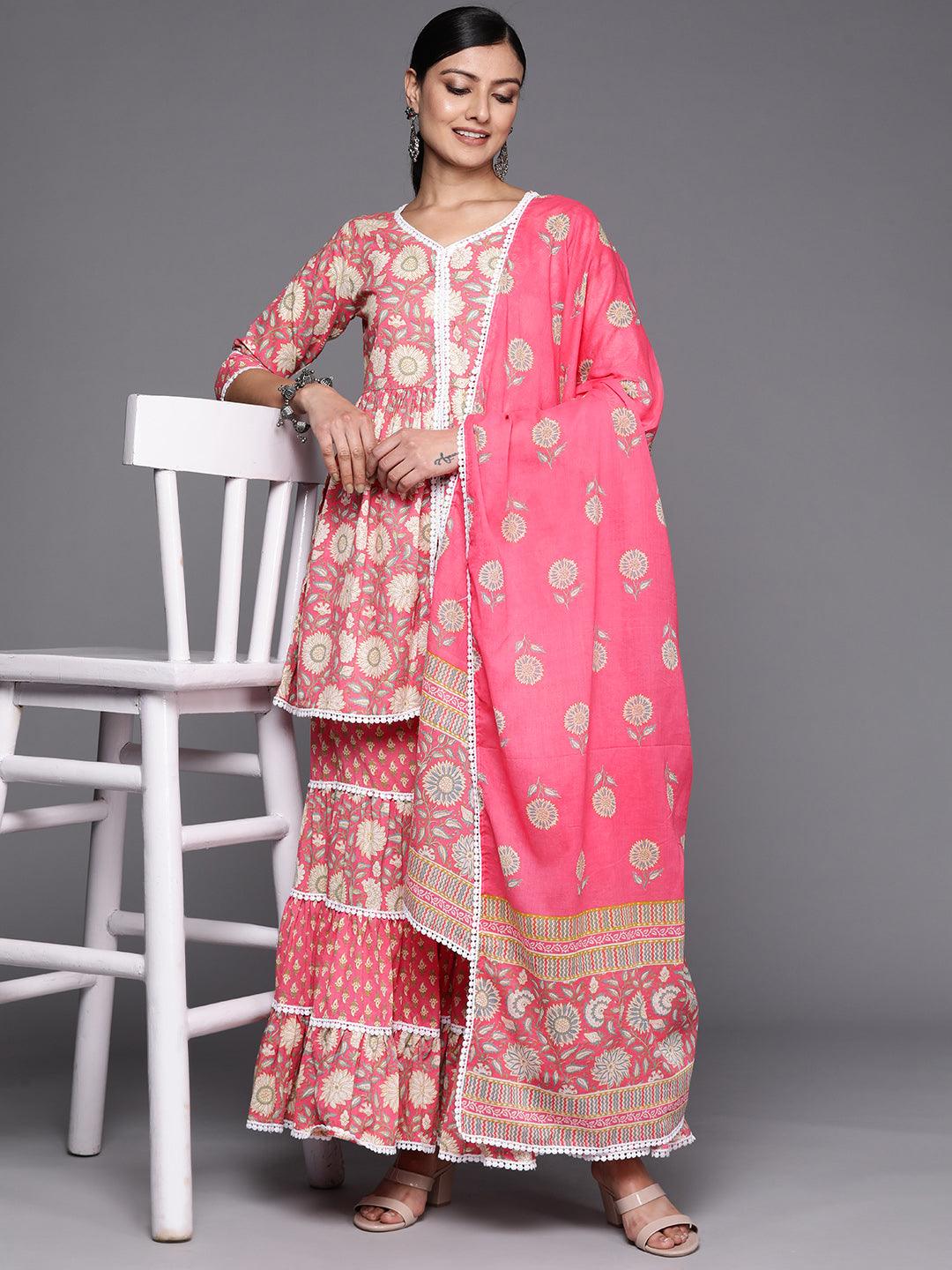 Pink Printed Cotton Anarkali Sharara Suit Set With Dupatta