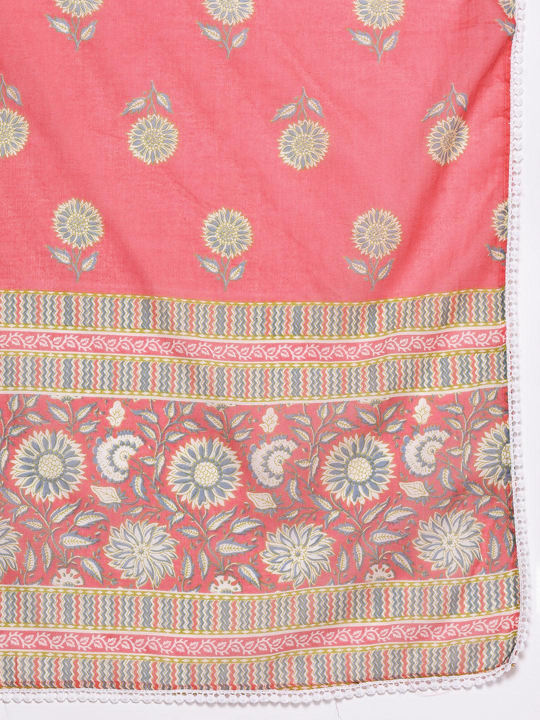 Pink Printed Cotton Anarkali Sharara Suit Set With Dupatta
