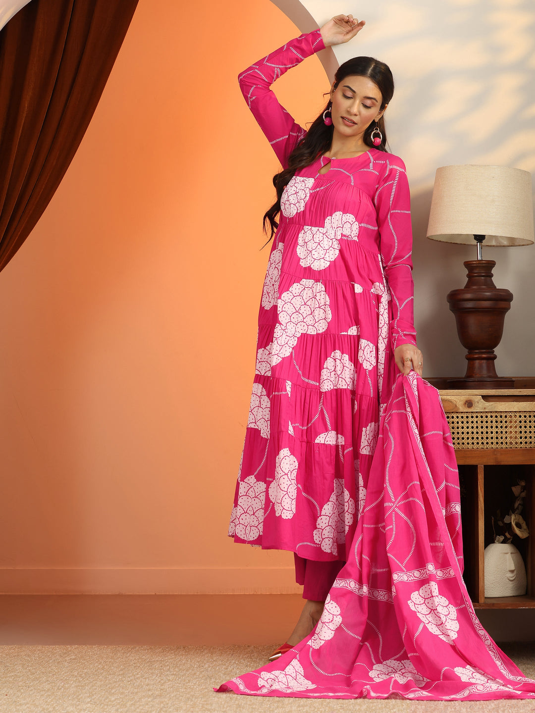 Pink Printed Cotton Anarkali Suit Set With Dupatta