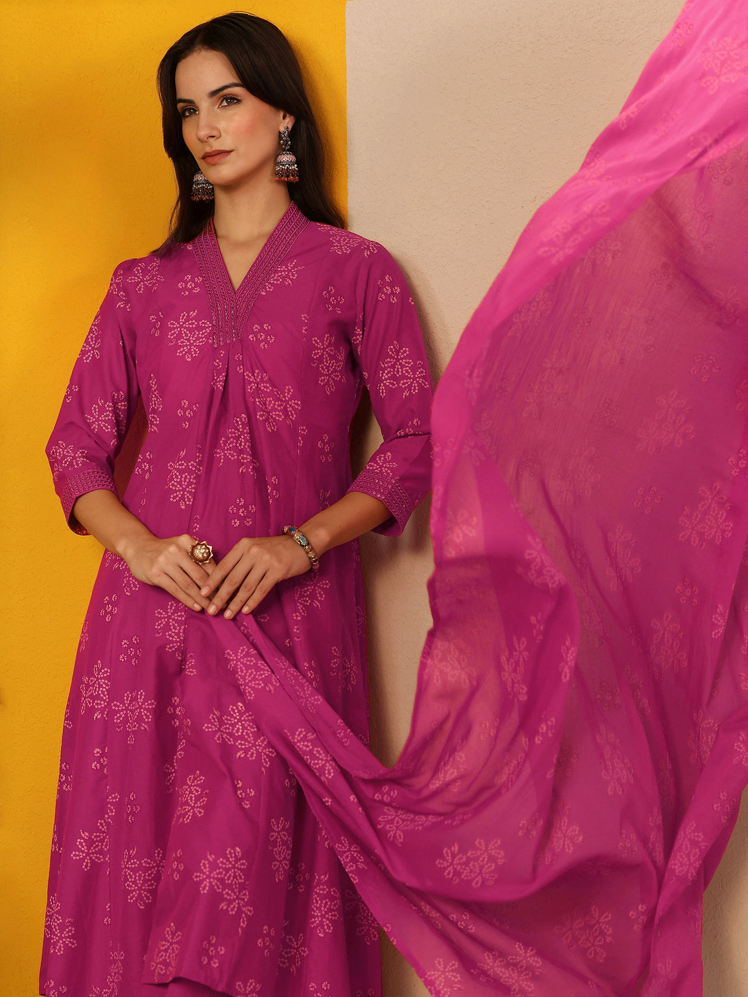 Pink Printed Cotton Anarkali Suit Set With Dupatta