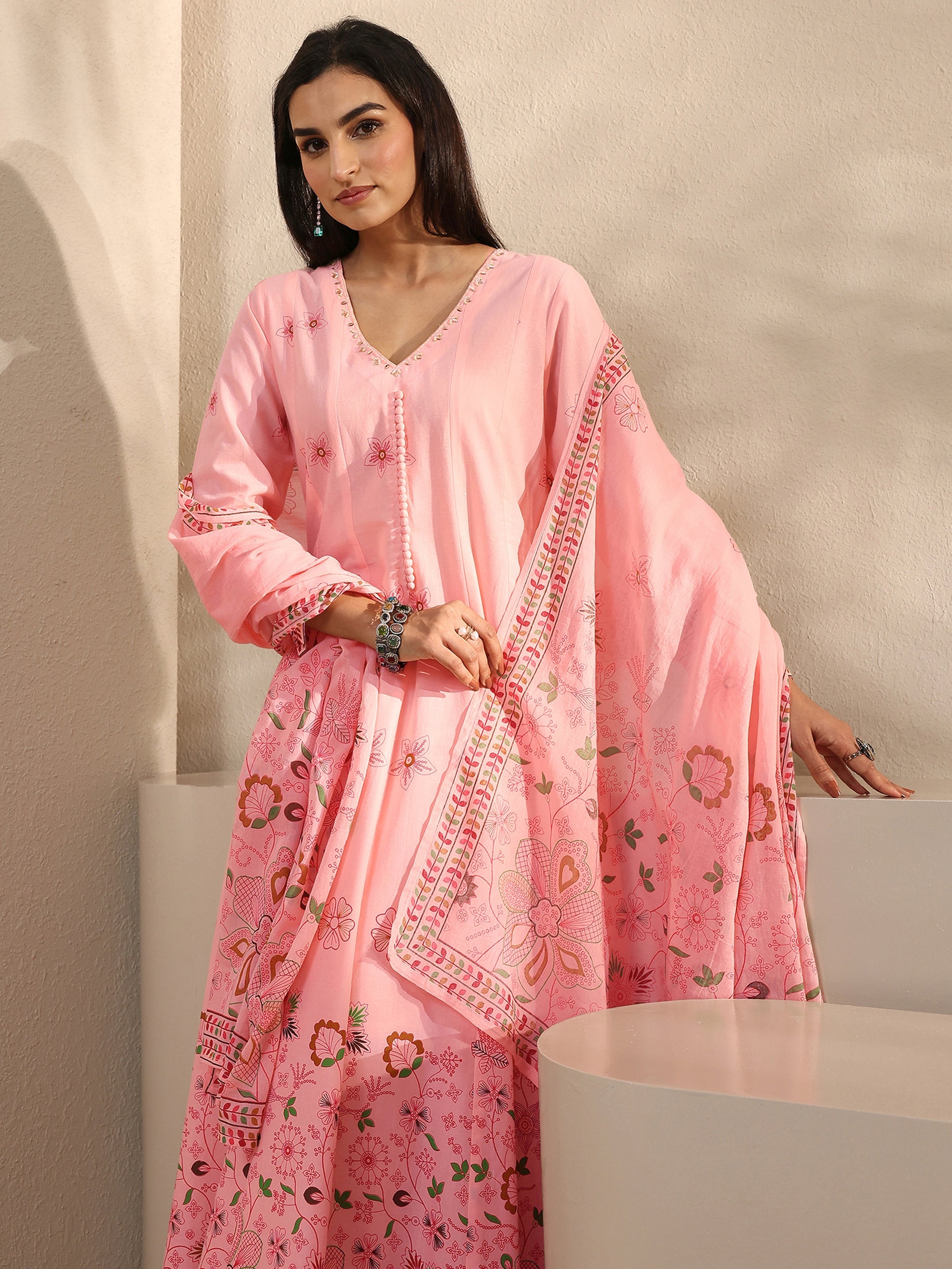libas Pink Printed Cotton Anarkali Suit Set With Dupatta-picture-15