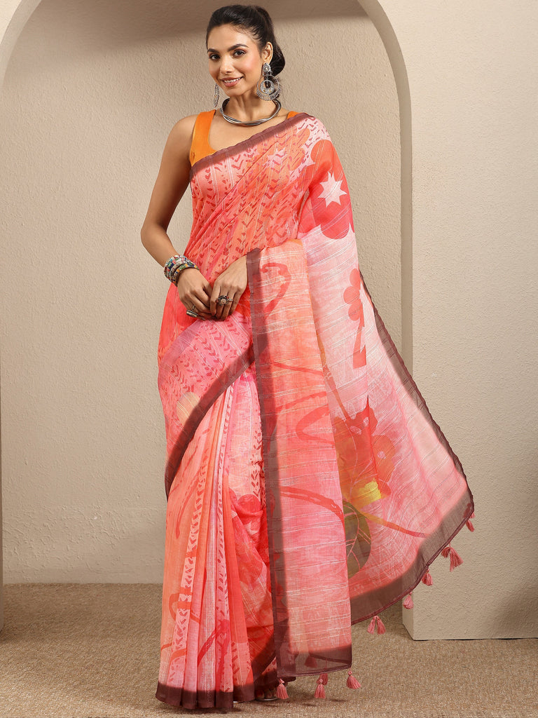 Libas Pink Printed Cotton Blend Saree With Unstitched Blouse Piece