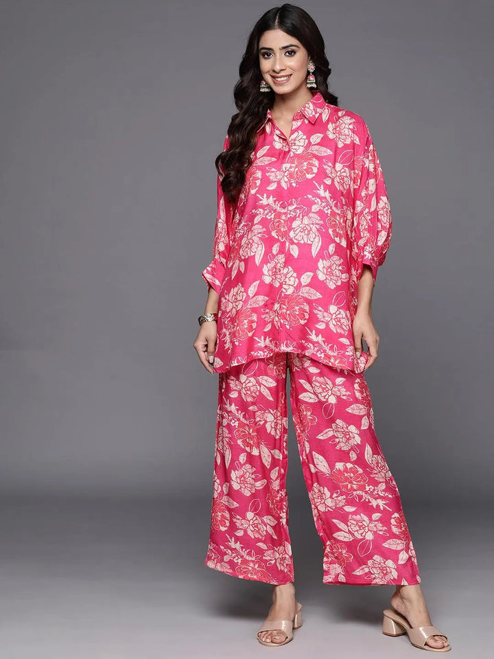 Pink Printed Cotton Blend Shirt With Palazzos - Libas