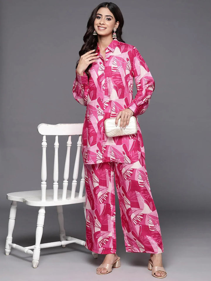 Pink Printed Cotton Blend Shirt With Palazzos - Libas