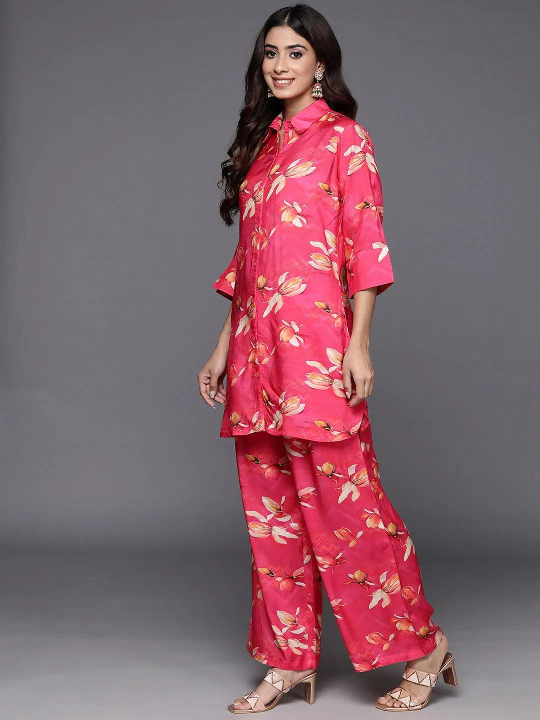 Pink Printed Cotton Blend Shirt With Palazzos - Libas 