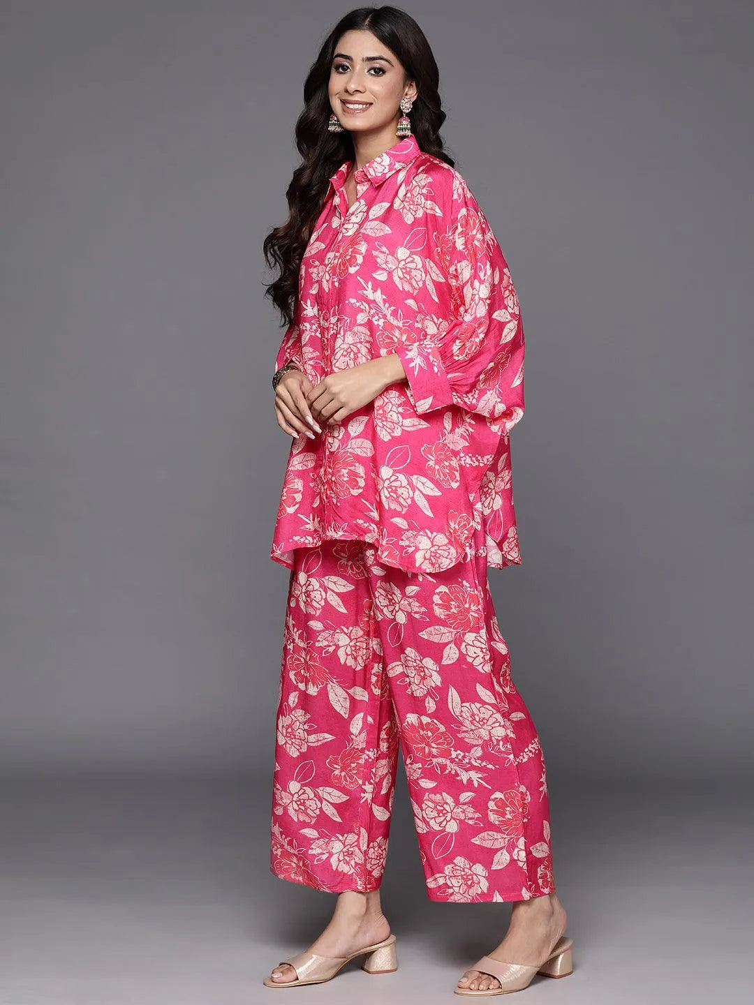 Pink Printed Cotton Blend Shirt With Palazzos - Libas 