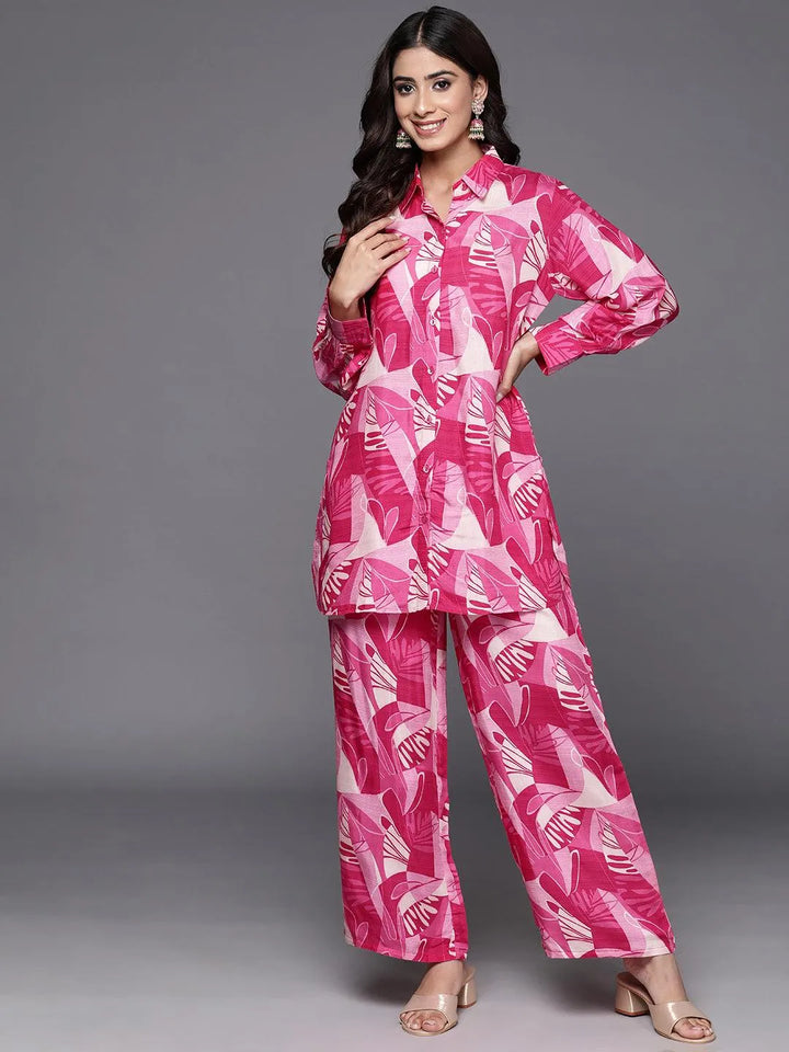 Pink Printed Cotton Blend Shirt With Palazzos - Libas