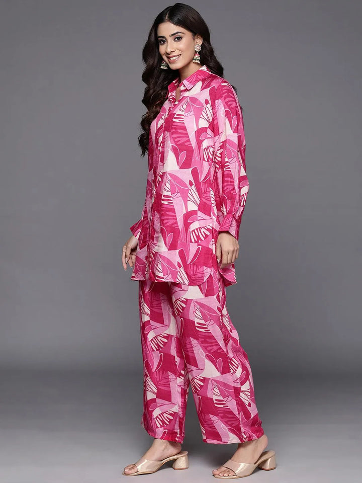 Pink Printed Cotton Blend Shirt With Palazzos - Libas