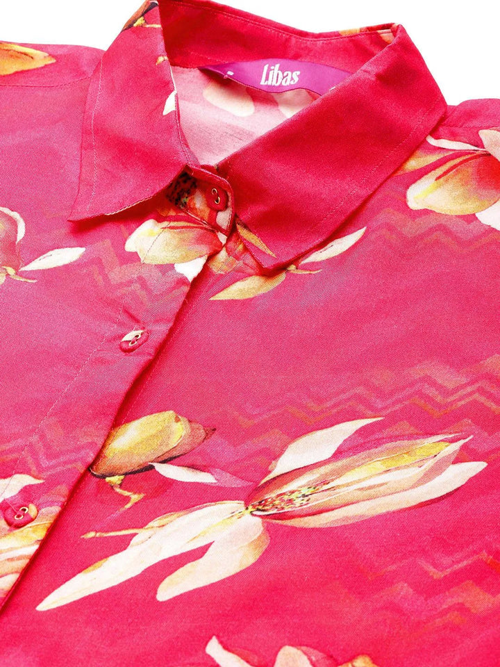 Pink Printed Cotton Blend Shirt With Palazzos - Libas