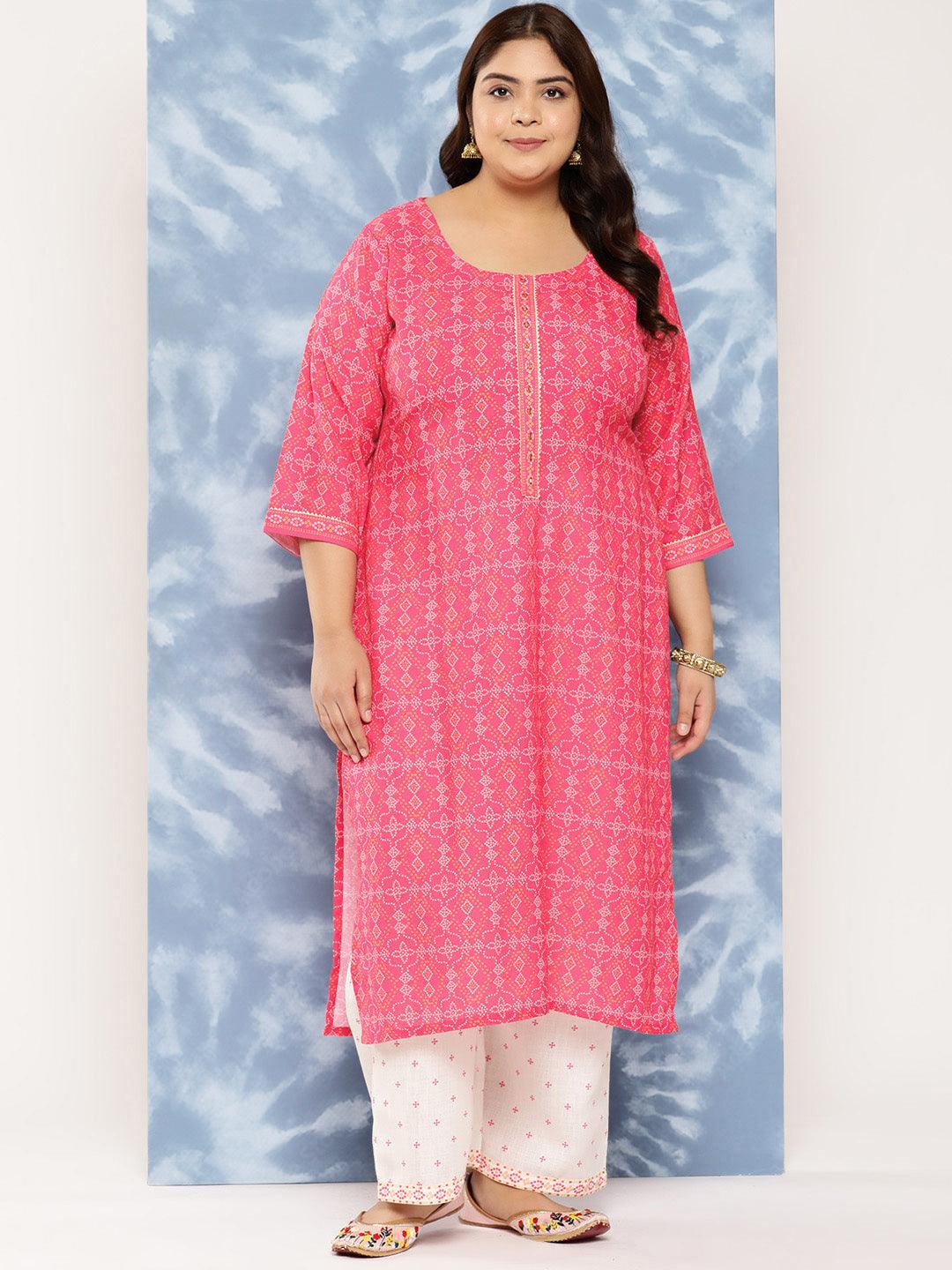 Pink Printed Cotton Blend Straight Kurta With Trousers