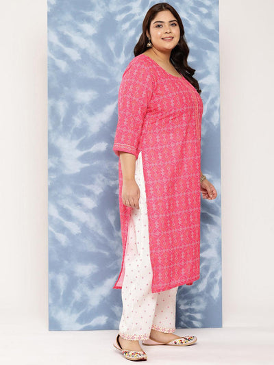 Pink Printed Cotton Blend Straight Kurta With Trousers - Libas