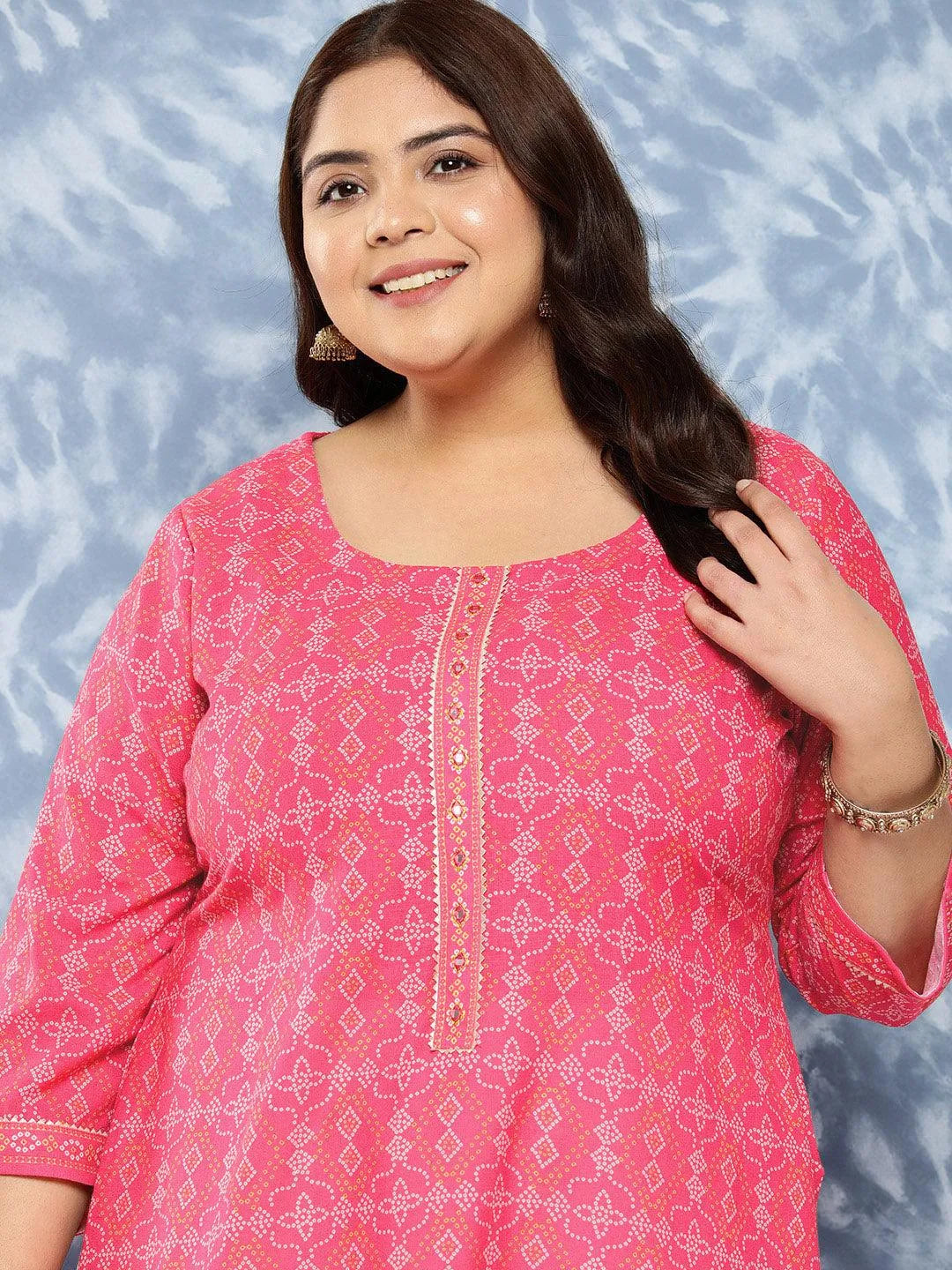 Pink Printed Cotton Blend Straight Kurta With Trousers - Libas 