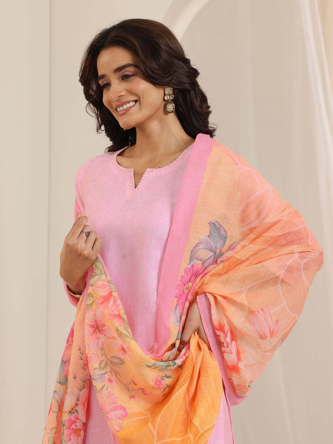  Pink Printed Cotton Blend Straight Suit Set With Dupatta 