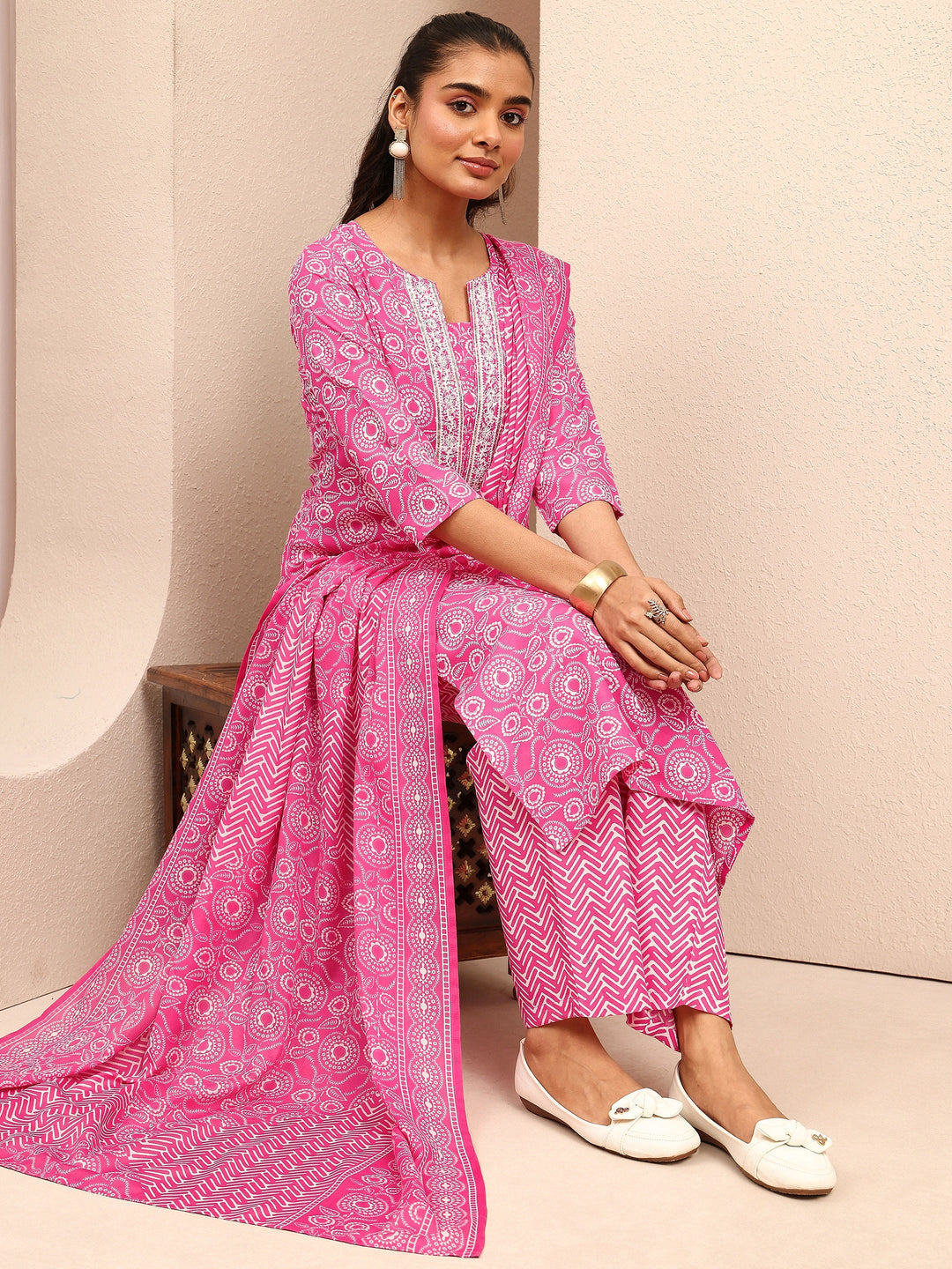 Pink Printed Cotton Blend Straight Suit Set With Dupatta