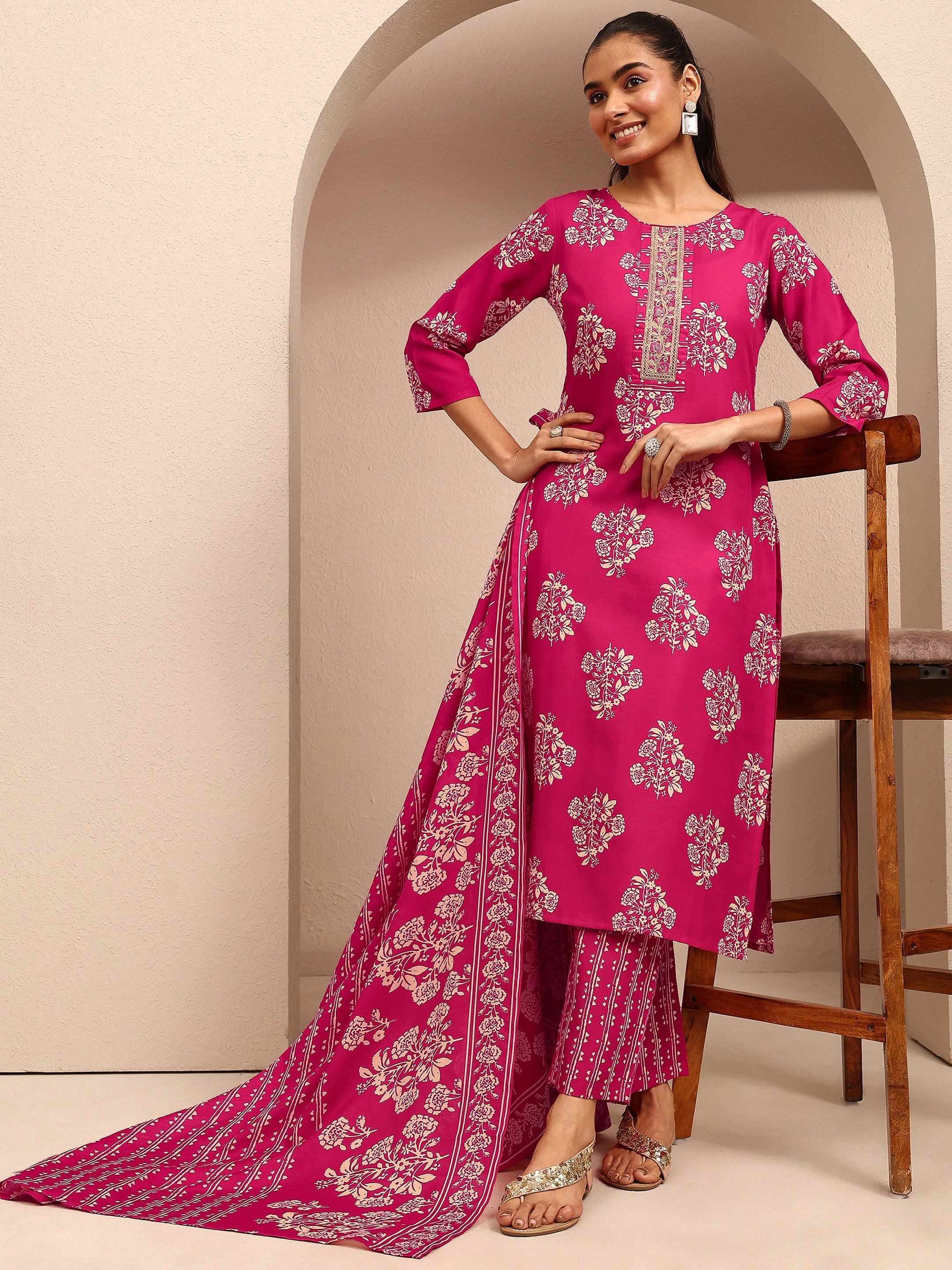 Libas Pink Printed Cotton Suit Set with Dupatta