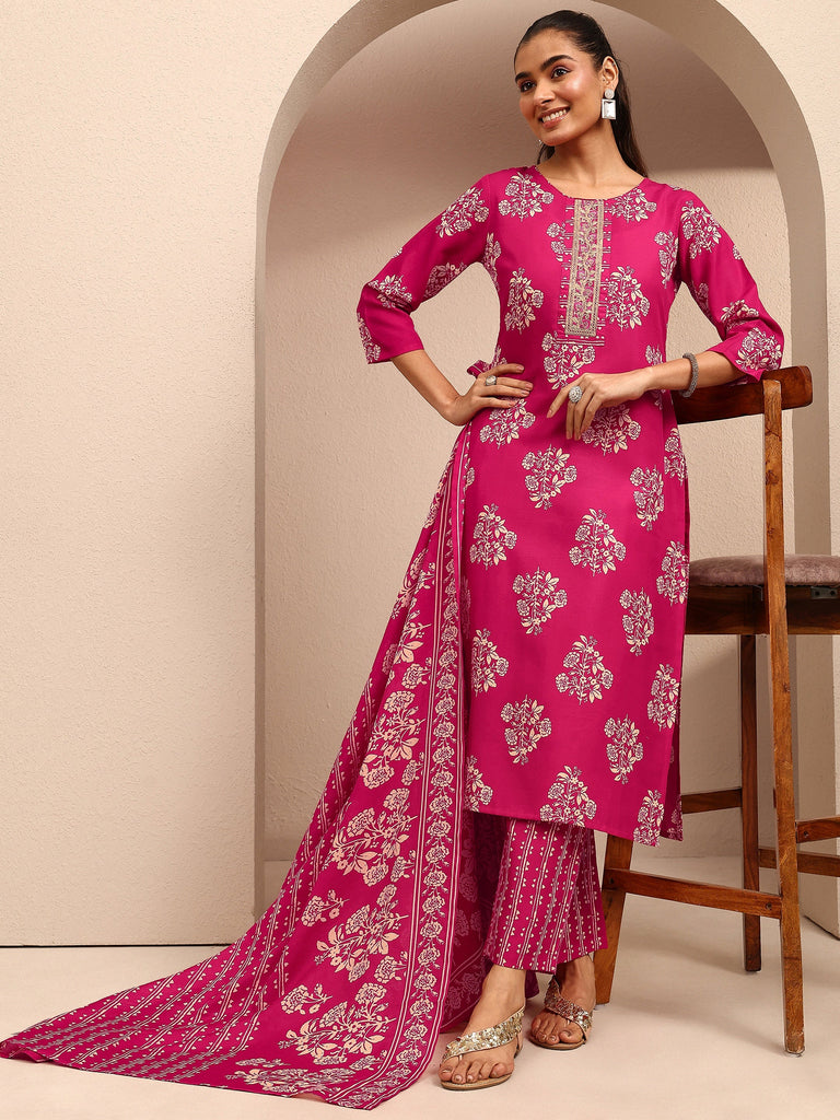 Gerua Pink Printed Cotton Blend Straight Suit Set With Dupatta