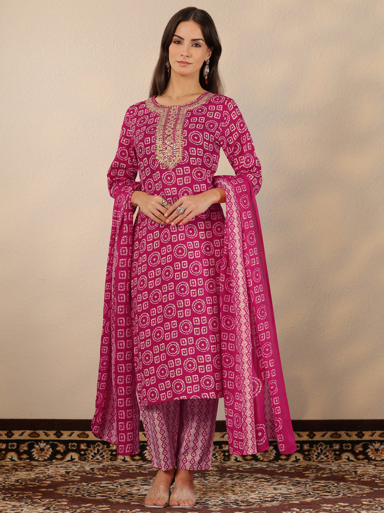 Libas Pink Printed Cotton Blend Straight Suit Set With Dupatta