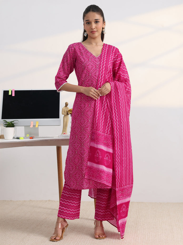 Gerua Pink Printed Cotton Blend Straight Suit Set With Dupatta